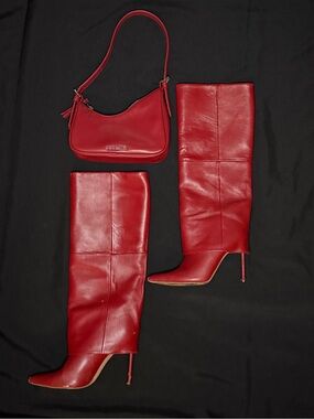 Steve Madden Red Leather Knee-High Stiletto Boots with Matching Shoulder Bag